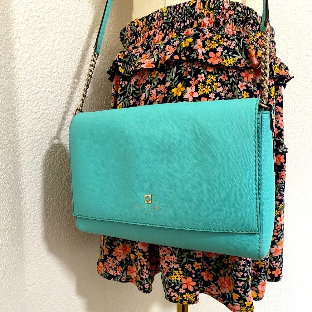 Kate Spade Turquoise Saffiano Leather Crossbody Purse Gold Chain Shoulder Bag